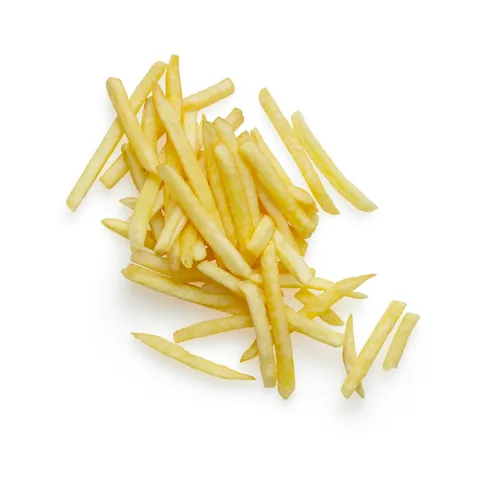 Batatas fritas finas e douradas vistas de cima.